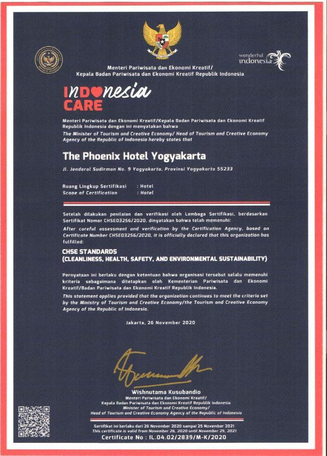 The Phoenix Hotel Yogyakarta - Handwritten Collection Exterior photo Certificate of Clean and Healthy Hotel